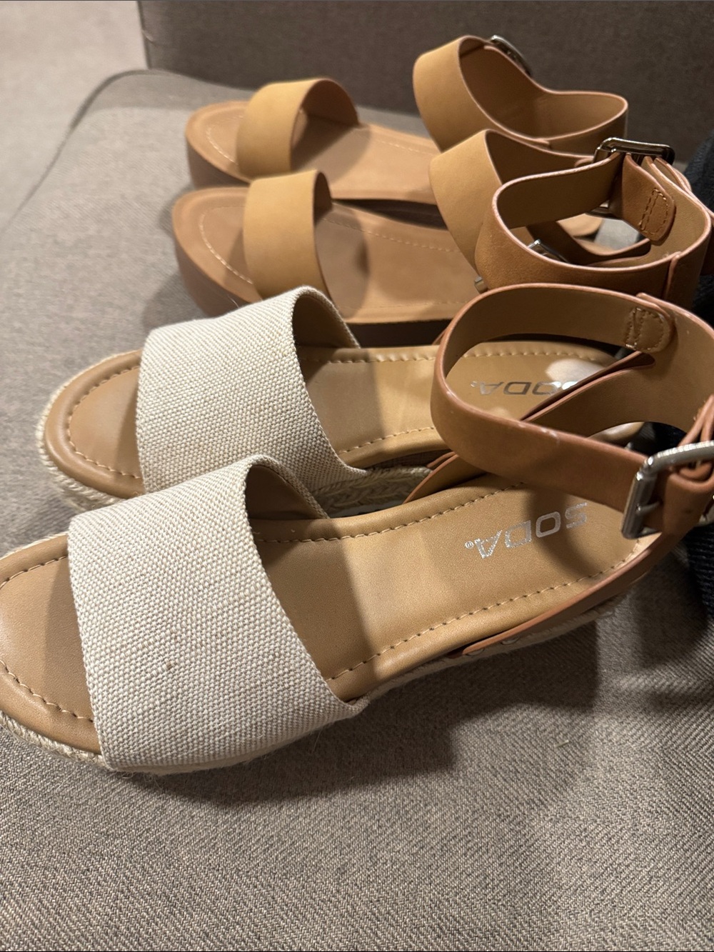 Two pair of Soda Sandals. Tan and Cream Wedge Sandals and Tan Wedge Sandals - Picture 4 of 9